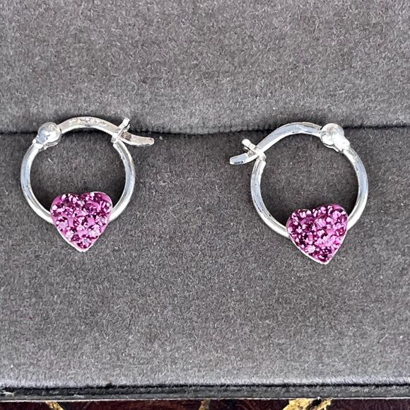 Pink Cubic Zironia Heart Sterling hoops Huggie Earrings love jewelry by JCM - Picture 2 of 8